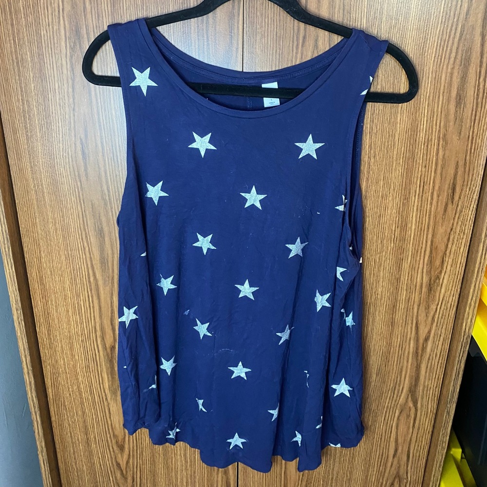 Old Navy Luxe Tank Top Women Large Navy Blue Silver Glitter Star Print